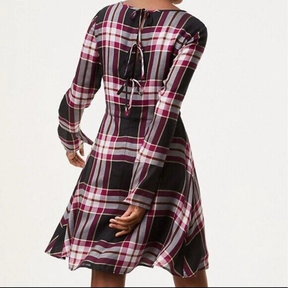 NWT Ann Taylor Loft Black Plaid Tie Back Long Sleeve A Line Dress Size 2P Pink - Picture 3 of 12